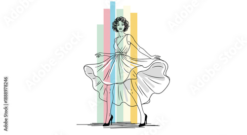 Stylish fashion illustration depicts a woman dancing in a flowing dress against a backdrop of colorful vertical stripes.