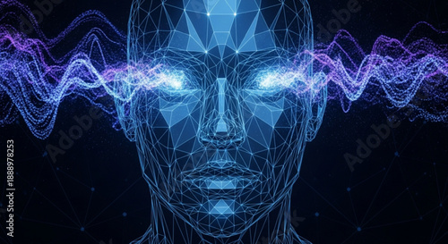 A futuristic digital illustration of a human head with glowing blue eyes and purple energy waves emanating from the brain on a dark background