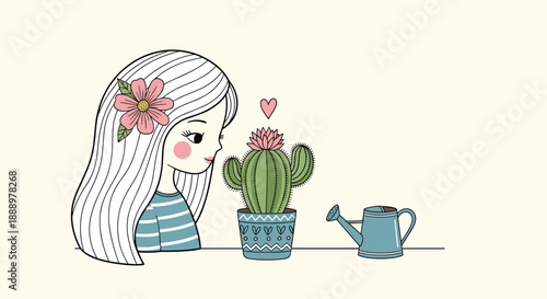 Cute girl with long hair and a flower headband looks at a blooming cactus in a pot next to a small blue watering can.