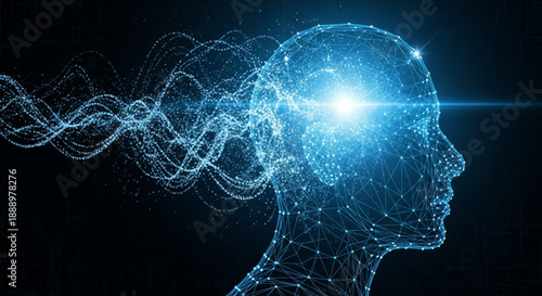 A futuristic digital illustration of a human head in profile with glowing blue connections and light beams