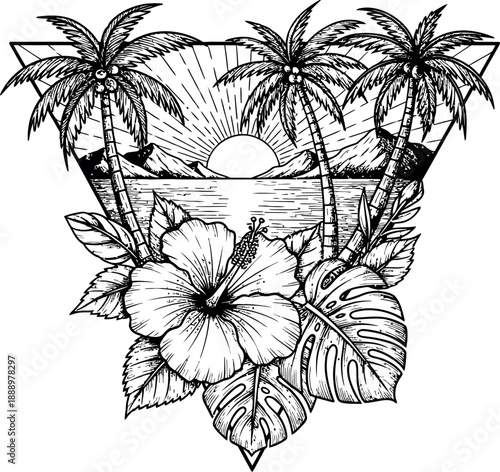Tropical island scene with palm trees and hibiscus flowers