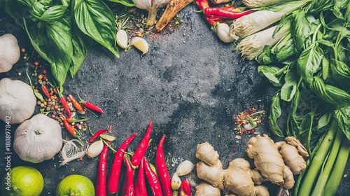 spices. Vibrant Asian cuisine ingredients arranged on a rustic stone surface with fresh herbs and spices. menu design, packaging mockups, designed for food delivery and cloud-kitchen brand materials.