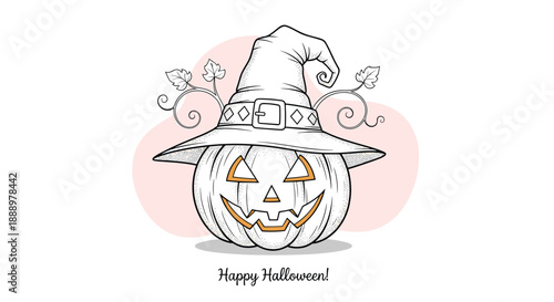 Spooky jack o lantern wearing a pointed witch hat sits on a pink cloud with the words happy halloween for a holiday card.