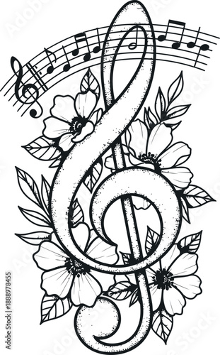Intricate treble clef design with floral elements and musical notes