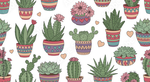 Beautiful seamless pattern displays a variety of colorful cacti and succulents in patterned pots decorated with small hearts.