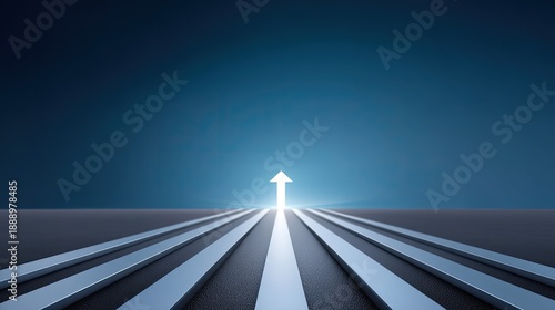 Abstract upward arrow symbolizing growth and progress with blue gradient background and horizontal lines creating a sense of movement and directionality