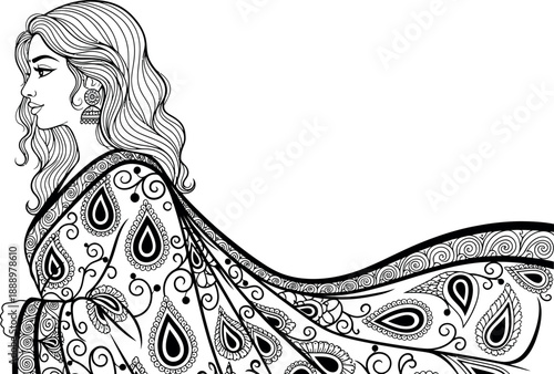 Indian woman in traditional attire with intricate sari design