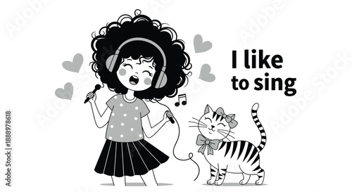 Joyful girl with headphones and a microphone sings her heart out next to her happy pet cat in this music themed illustration.