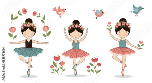 Trio of adorable little ballerinas in colorful tutus and flower crowns dance gracefully among singing birds and blossoms.