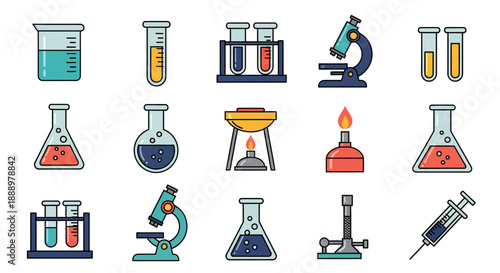 Laboratory equipment and instruments are arranged on a clean white background, showcasing various scientific tools and devices used for experiments and research purposes.