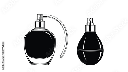 Two black perfume bottles depicted in a striking silhouette