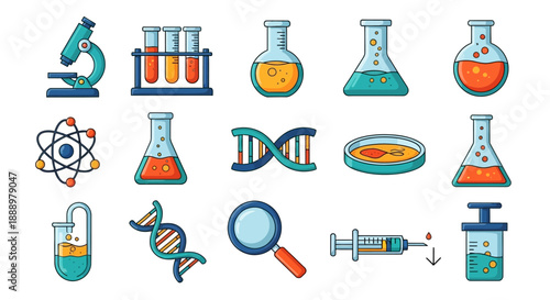 Collection of laboratory equipment and scientific symbols in a flat design style