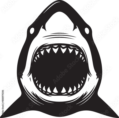 Powerful black and white shark head illustration with wide open jaws and sharp teeth
