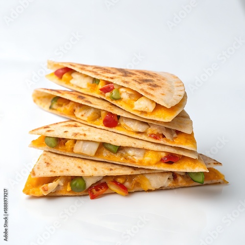 Stack of five chicken and vegetable quesadillas with melted cheese white background.