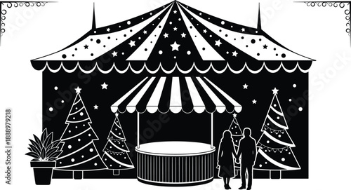 Christmas market stall silhouette vector illustration featuring festive tent trees couple isolated black winter holiday fair decoration scene design