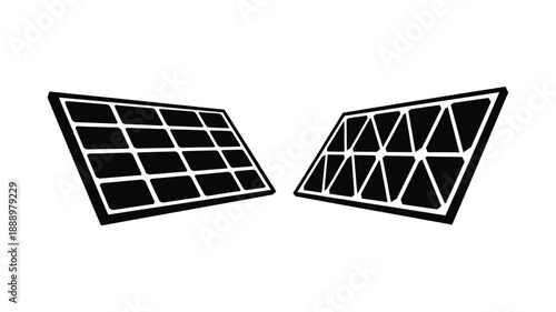 Two open windows with geometric grid patterns stark black silhouette