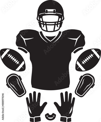 American football player's complete equipment set including helmet, jersey, balls, and protective gear
