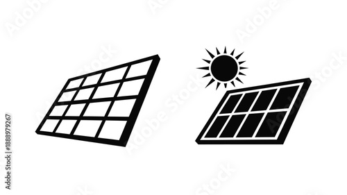 Solar panels with sun icon in a stark black silhouette