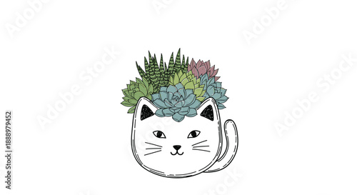 Artistic illustration of a white cat shaped ceramic planter pot filled with a dense cluster of various green and purple succulents and leaves.