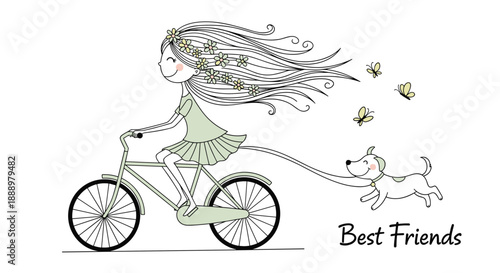 Simple line art illustration of a happy girl with flowers in her hair riding a bicycle with a small dog running along behind on a long leash.