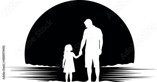 Silhouette of a man and a girl holding hands in front of a large moonlit arch