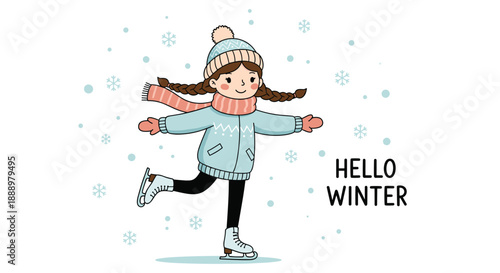 Cheerful illustration of a young girl in winter attire ice skating on a frozen surface with falling snowflakes and hello winter holiday text.