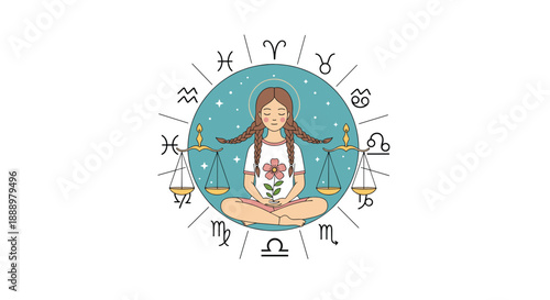 Serene illustration of a girl meditating in a lotus pose surrounded by a circular zodiac wheel featuring astrology signs and mystical symbols.