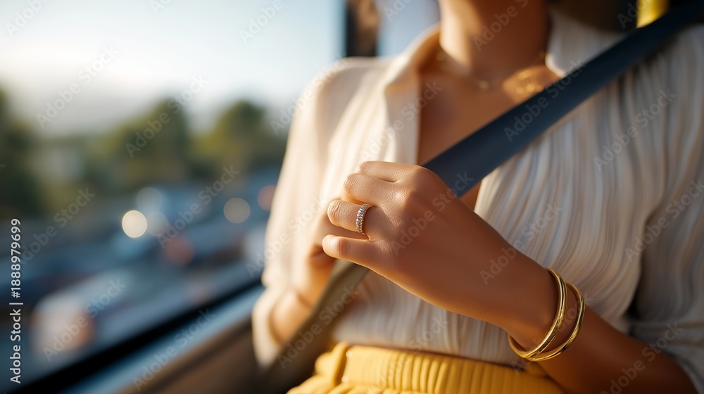 Obraz premium A hand fastening a safety belt in a bus, spotlighting the emphasis on passenger safety in public transportation systems and the protocols in place to protect commuters during their journeys.