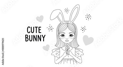 Sweet black and white line art of a little girl wearing bunny ears and holding a small flower surrounded by hearts and decorative dots.