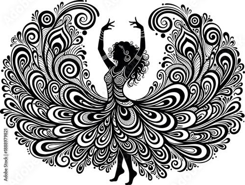 Intricate black and white illustration of a dancing woman with floral patterns