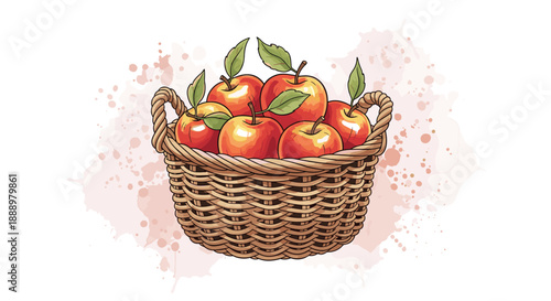Vibrant illustration of a rustic wicker basket overflowing with ripe red and orange apples with green leaves on a soft watercolor background.