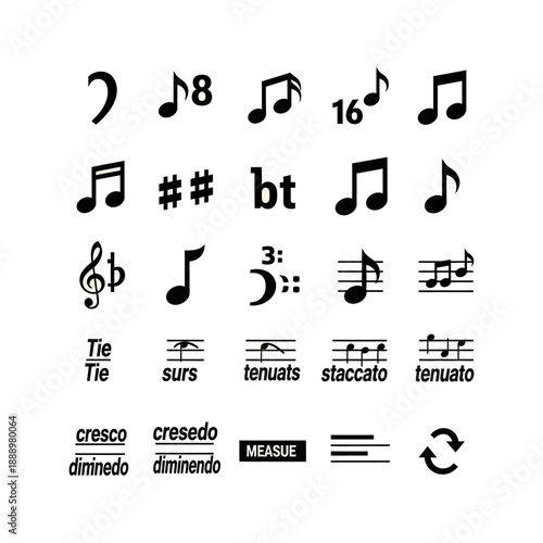 A comprehensive collection of various musical notes, symbols, and dynamic terms displayed in black on a white background.
