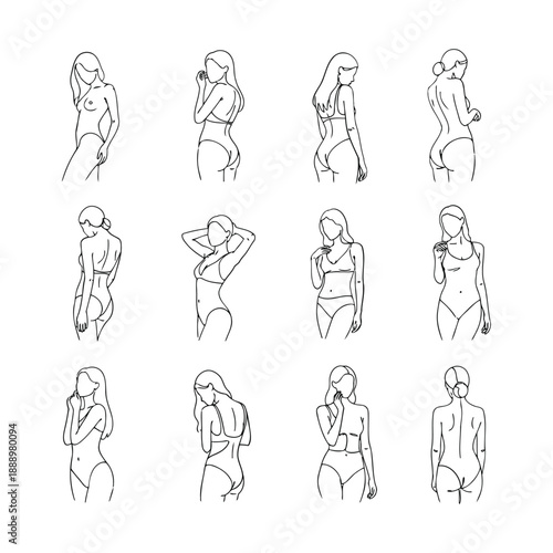 Various female poses illustrated in a minimalist style, showcasing different stances and gestures in a clean and simple line art