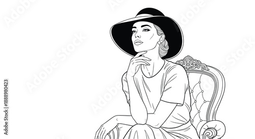Elegant line art portrait of a sophisticated woman wearing a wide brimmed hat and sitting on an ornate classical armchair in a quiet room.