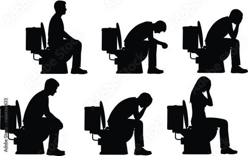 Stressed people sitting on toilet silhouette set showing anxiety depression and emotional discomfort isolated on white background for mental health and lifestyle concepts