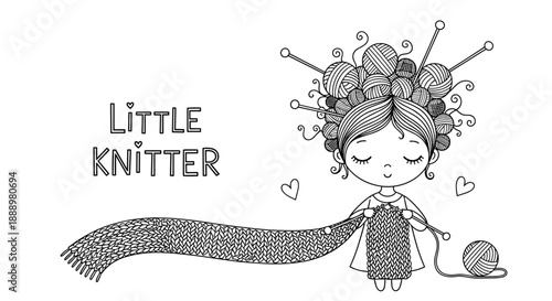 Charming black and white line art of a little knitter girl with yarn balls in her hair knitting a long textured scarf with decorative hearts.