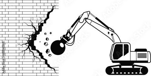 Excavator demolition silhouette illustration showing heavy construction machinery breaking brick wall isolated on white background for industrial, engineering, and building concept designs