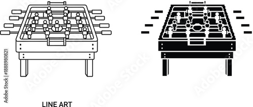 Foosball table line art and pixel style comparison illustration showing tabletop soccer game design isolated on white background for recreation, sports, and graphic concepts