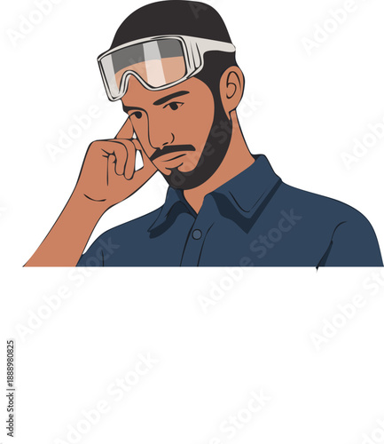 A thoughtful man with a beard and safety goggles pushed up on his forehead, contemplating.