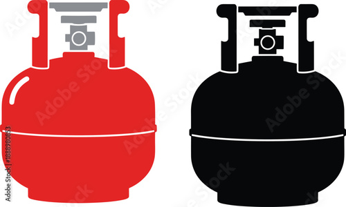 Gas cylinder silhouette icon set in red and black illustrating propane LPG tank symbols for energy, safety, and industrial design