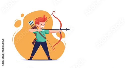 Young boy with red hair wearing a green shirt aims a bow and arrow against a stylized orange abstract background shape.
