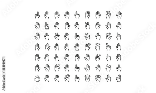 Extensive set of hand gesture icons in minimalist line art, showing various human hand signals for interaction, communication, and UI design.
