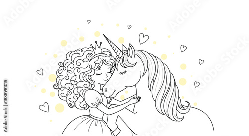 Black and white line art coloring page of a young princess with curly hair hugging a magical unicorn amidst hearts and dots.