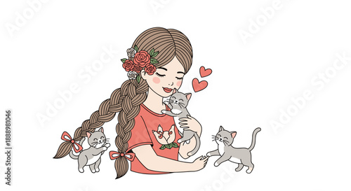 Cute young girl with long brown braids and flowers in her hair smiles while holding and playing with three adorable kittens.
