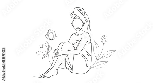 Simple continuous line drawing of a woman in a white bath towel sitting peacefully surrounded by blooming lotus flowers and leaves.