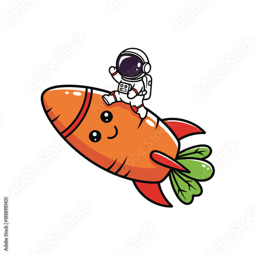 A cute astronaut rides a smiling orange carrot rocket with green leaves and red fins in a kawaii flat cartoon style against a clean white background.
