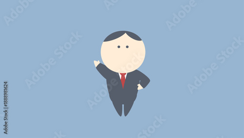 ビジネスイメージイラスト_腰に手を当てて片手を上げるビジネスマン