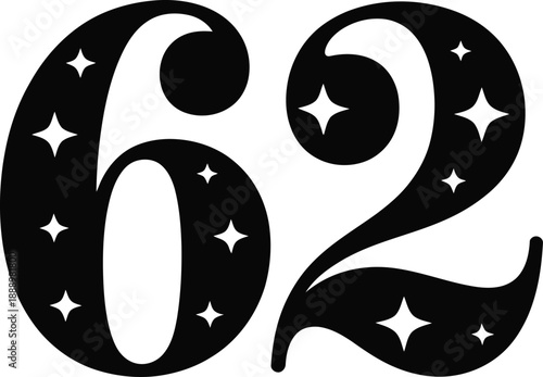 A stylized illustration of the number sixty-two with star accents