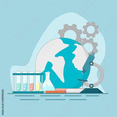 Educational illustration with globe, gears, and science equipment icons. Educational technology concept. Flat vector design illustration.