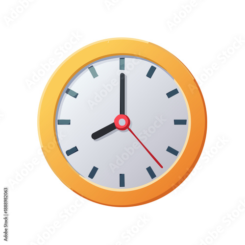 A close-up of a clock face with black hands and a red second hand on a white background surrounded by a yellow border
